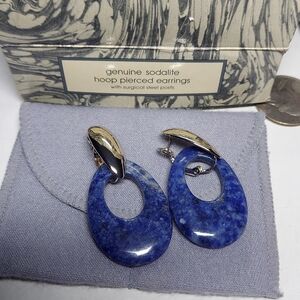 Genuine Sodalite Blue Hoop Pierced Earrings